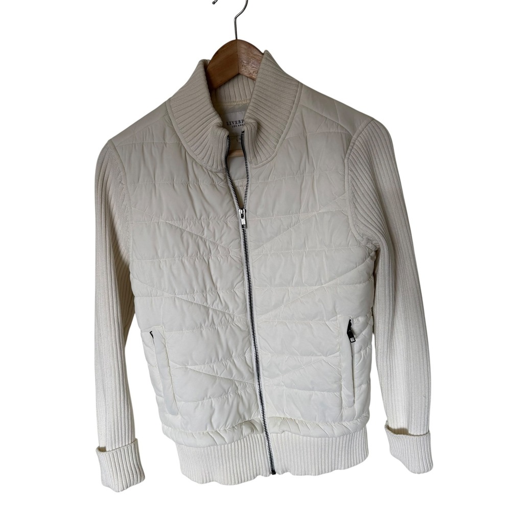 Liverpool Puffer Jacket Womens XS Cream Excellent Hybrid Ribbed Knit Mixed Media